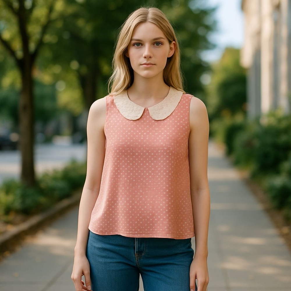 Mauve Pink Polka Dot Sleeveless Blouse with Cream Collar